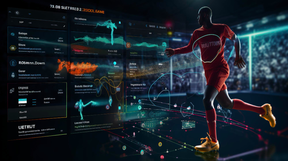 A photo of a football player with a digital dash full of data in front of him